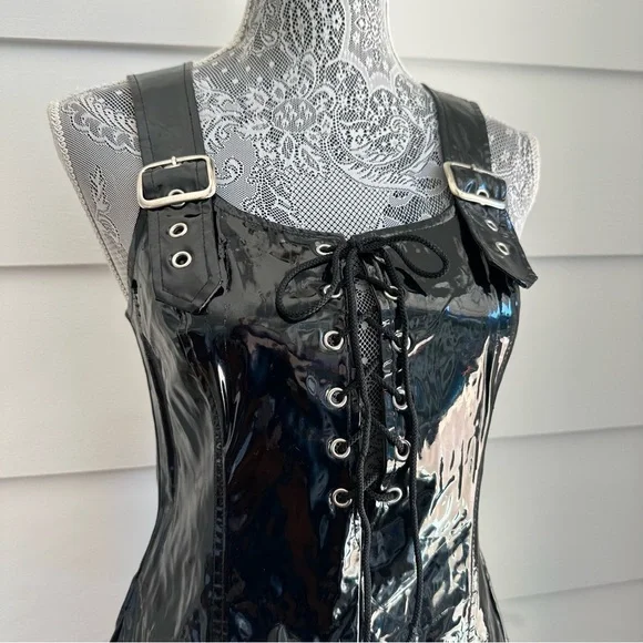 Vintage Lip Service Black Vinyl Pinafore Dress size M Y2K made in USA - Picture 2 of 13